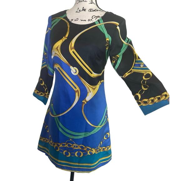 JULIE BROWN SHEATH DRESS 100% SILK SZ 0 EQUESTRIAN PRINT ECLECTIC CHIC COCKTAIL - Picture 13 of 16